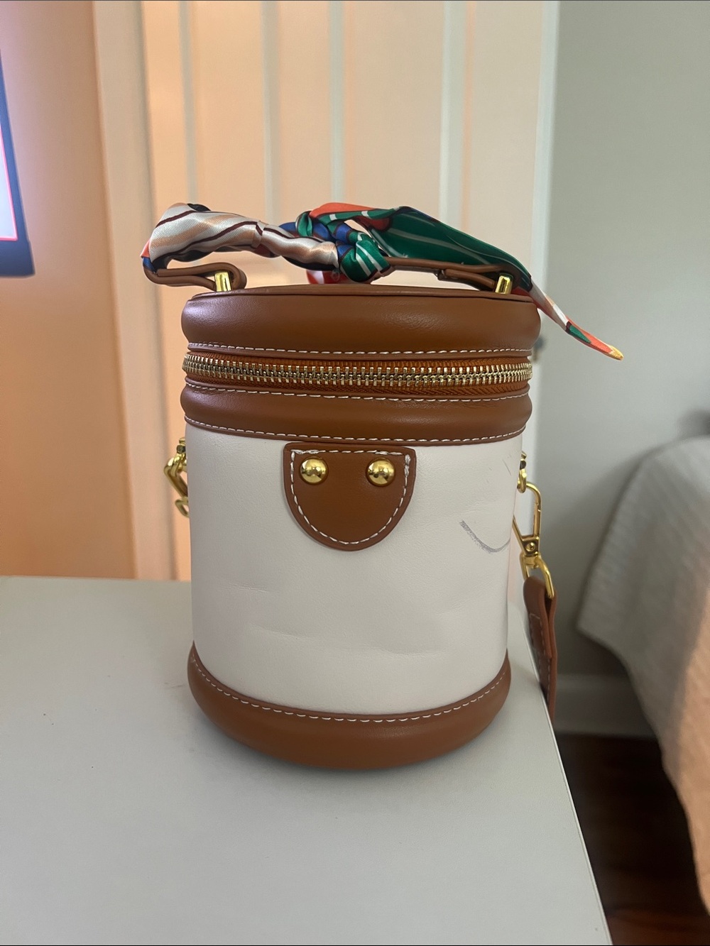 Chic Brown and White Cylinder Bag